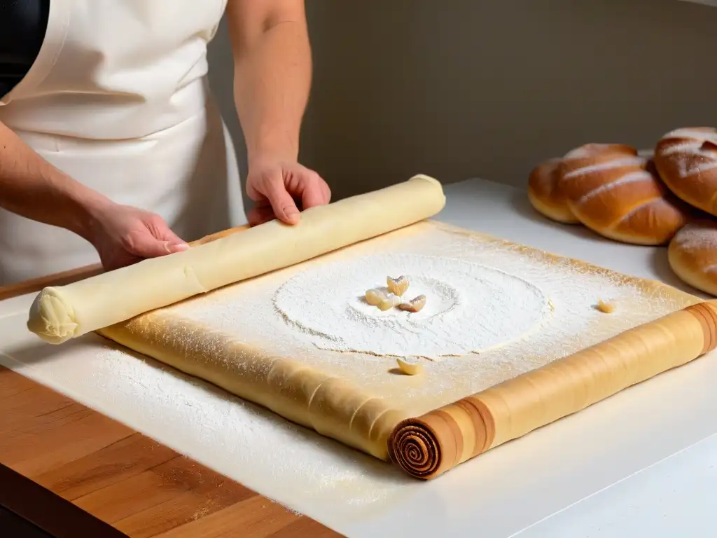 Un rodillo de madera tradicional aplana suavemente masa para Rugelach en una encimera de mármol, creando una escena culinaria serena y minimalista