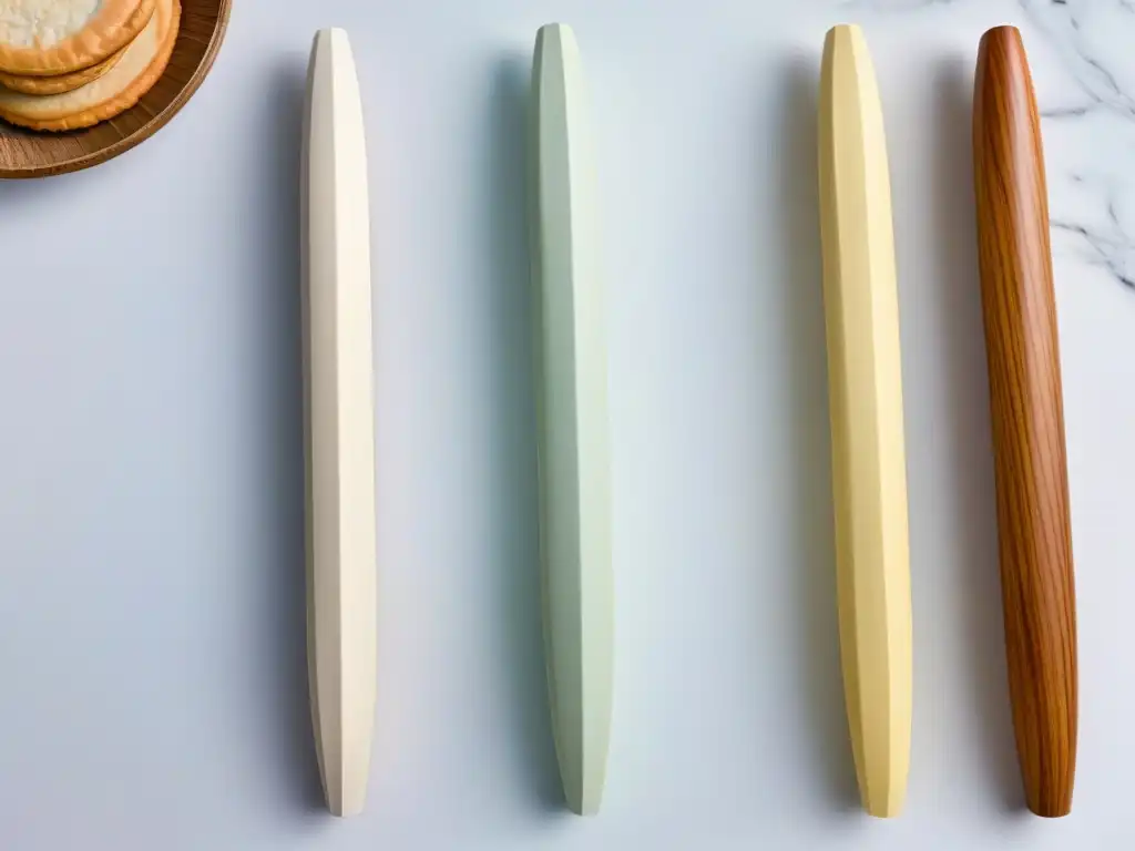 Rodillos con diseños para repostería sobre elegante encimera de cocina, listos para inspirar tus creaciones culinarias