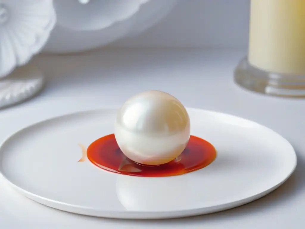 Preciosa perla de sferificación en rojo intenso sobre plato blanco Perla de sferificación en rojo intenso sobre plato blanco, lista para decorar postres con elegancia y sabor
