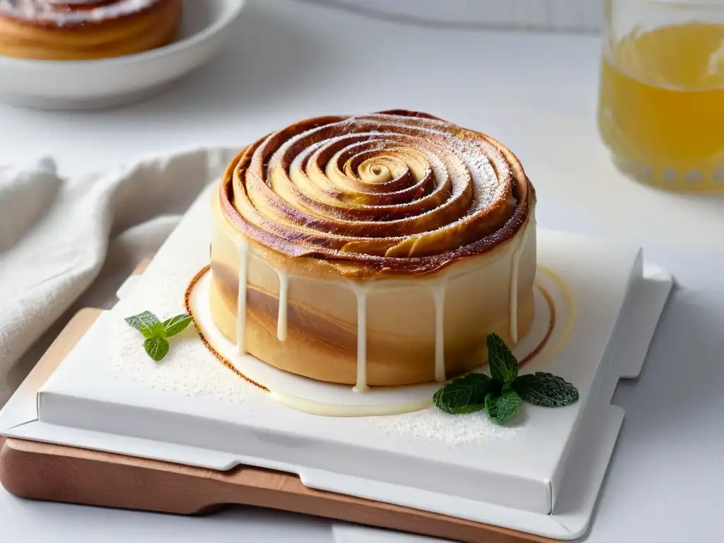 Un rollo de canela dorado sin azúcar con menta fresca en un plato blanco