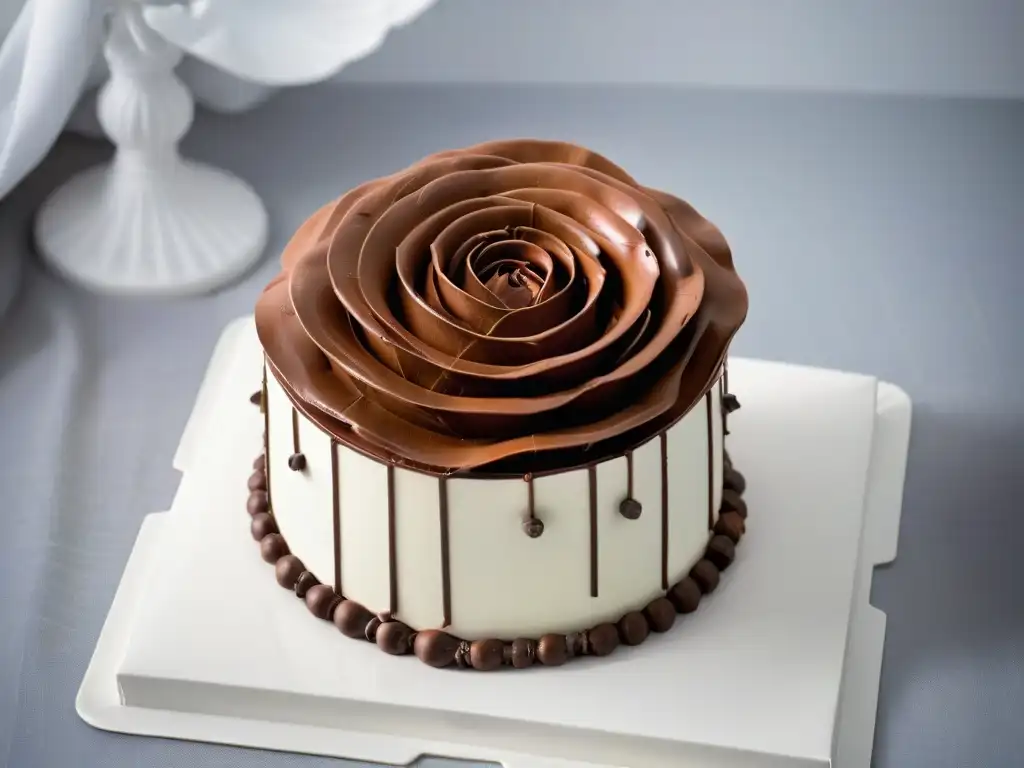 Una rosa de chocolate brillante sobre un pastel exquisito, detallada y elegante