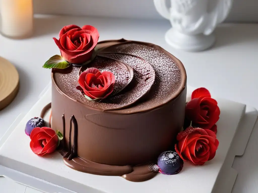 Una rosa sobre mousse de chocolate, destacando la fusión de flores comestibles en repostería