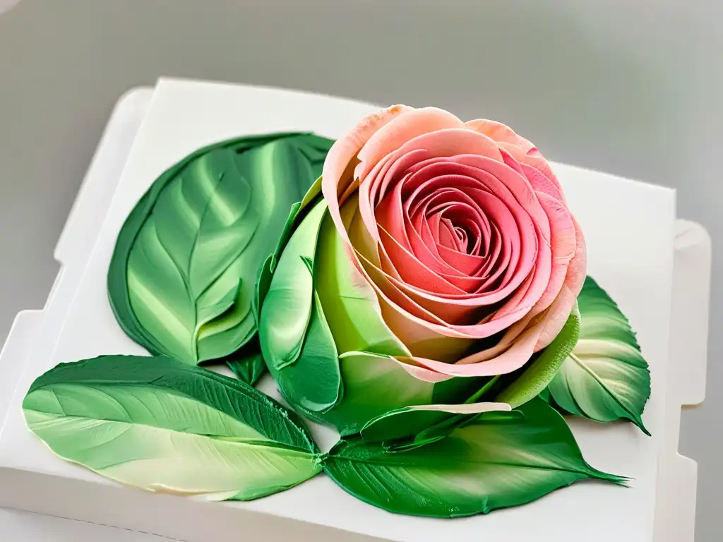 Detallada rosa comestible: obra de arte en pintura Una rosa delicada hecha con pintura comestible, mostrando detalles intrincados en tonos de rosa y verde