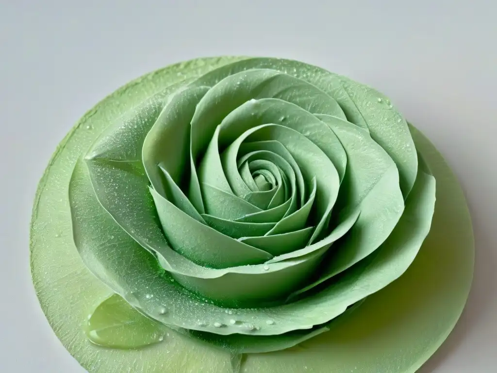 Una rosa esculpida con precisión en granulado de estevia, reflejando la creatividad en postres saludables con edulcorantes