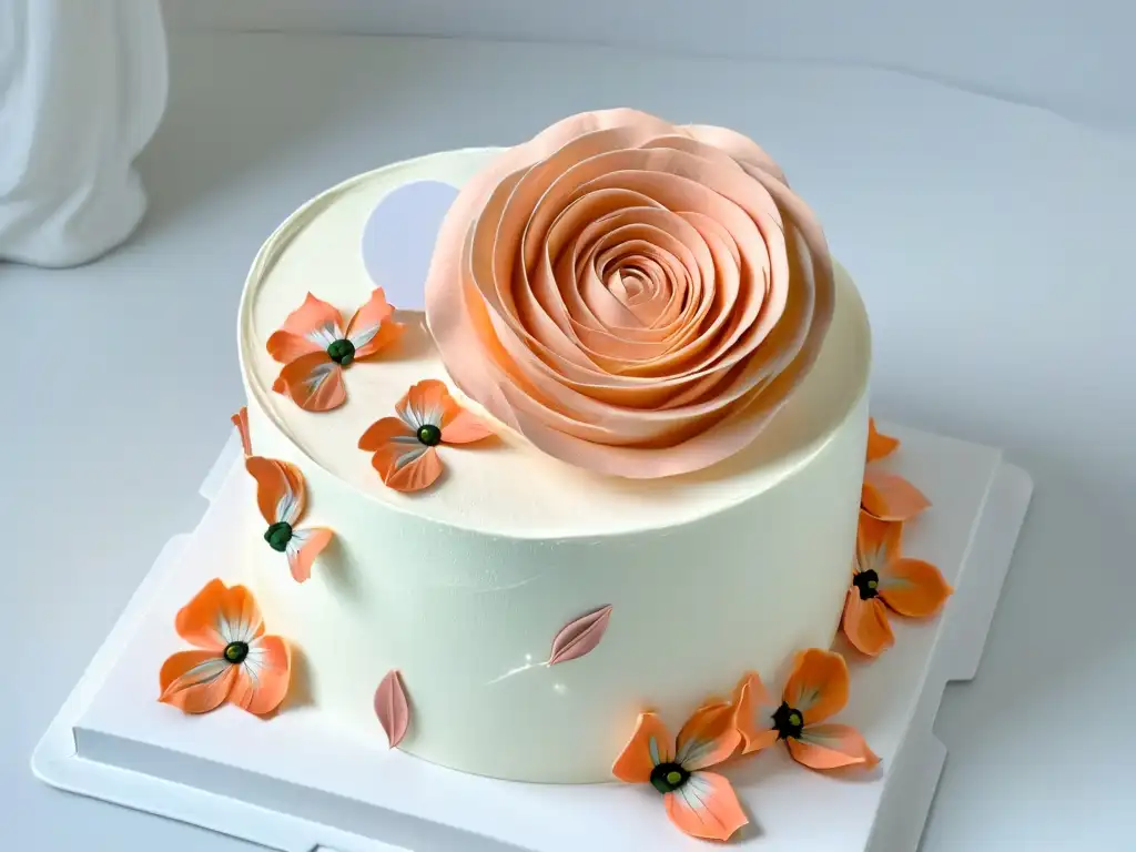 Exquisita rosa de fondant en tonos blush y ivory Una rosa de fondant delicadamente elaborada en tonos de rosa, destacando la precisión de técnicas avanzadas en decoración de tortas fondant