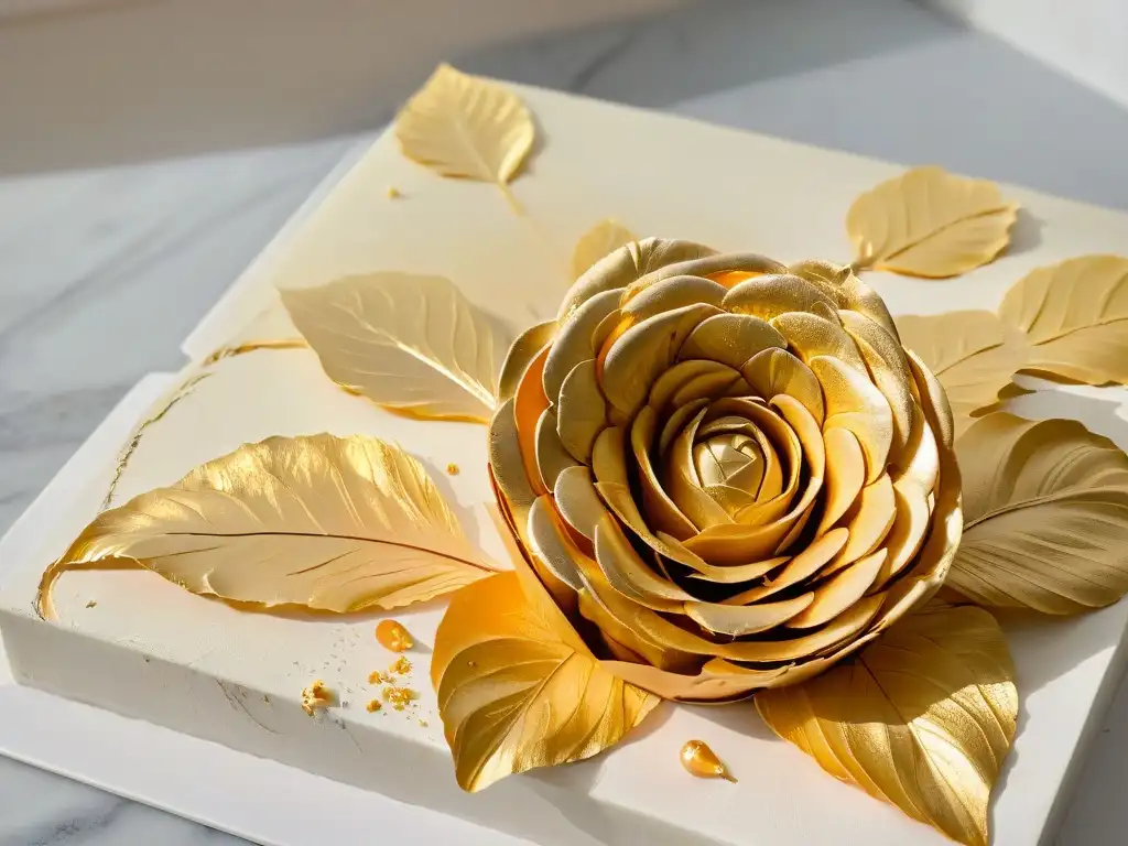 Una rosa de hojuelas de oro sobre mármol, reflejando lujo y elegancia en innovaciones en repostería con ingredientes únicos