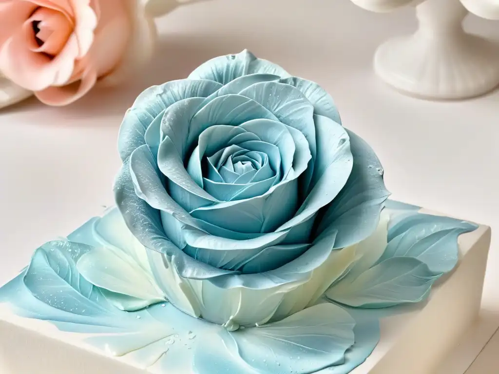 Una rosa de pasta de goma para decoración con capas de pétalos detalladas en tonos pastel y una gota de rocío brillante