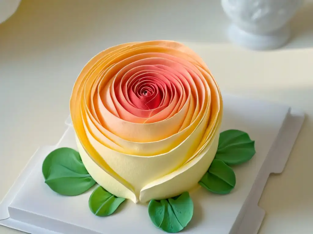 Una rosa de pasta de goma para decoración, detallada y realista, resaltando la artesanía y belleza de la gumpaste