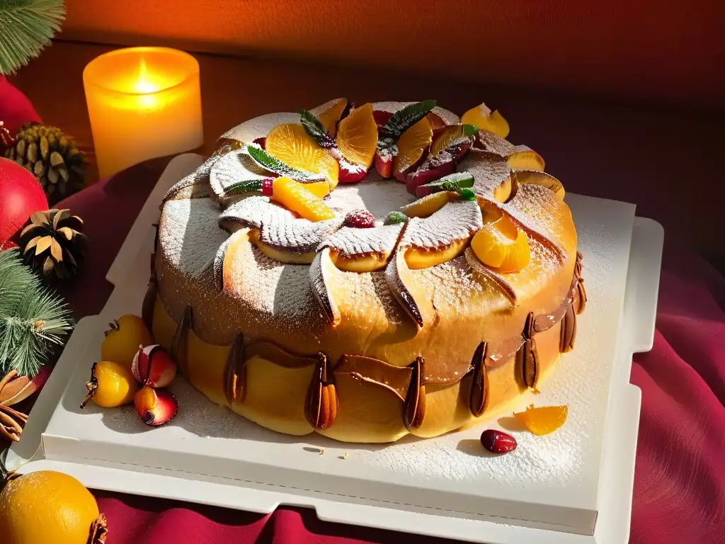 Un Roscón de Reyes casero decorado, con frutas confitadas y almendras, sobre mesa rústica, iluminado por luz invernal