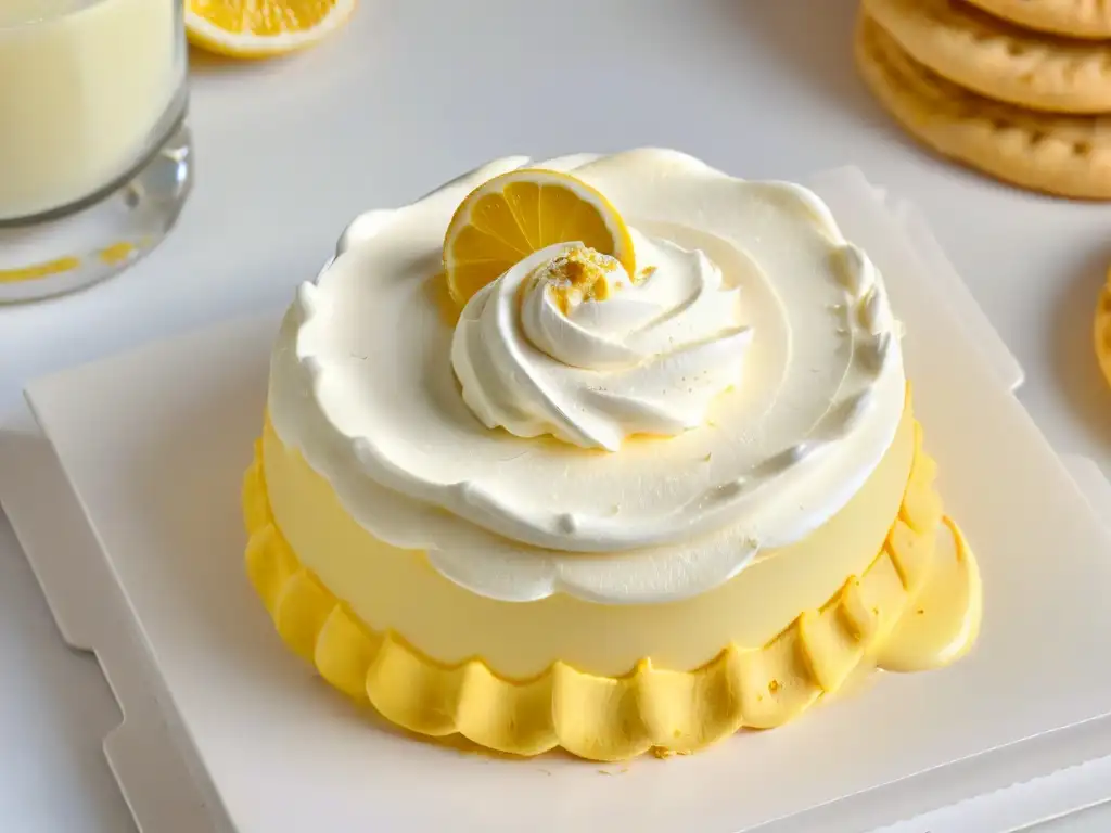 Sablé bretón crema limón merengue: Detalle de un exquisito postre con texturas y colores contrastantes