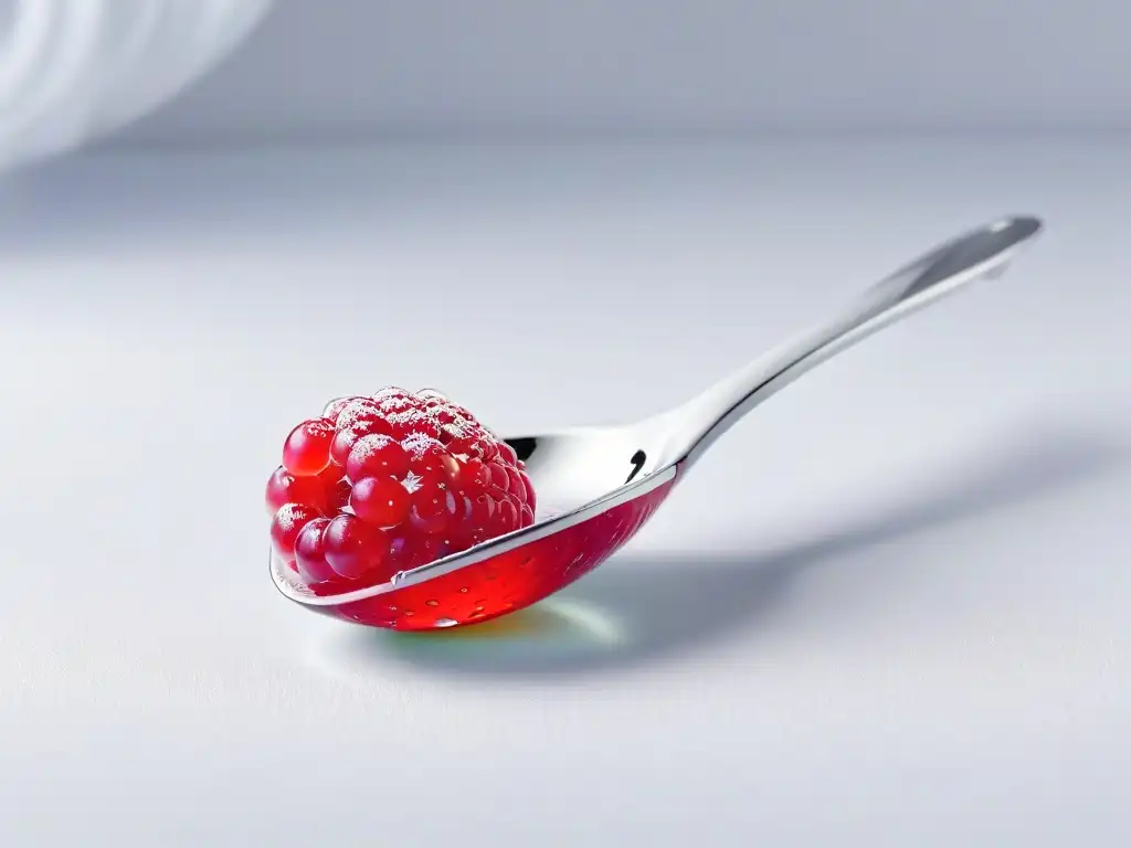 Perla de Frambuesa: Elegancia y Sabor en Cuchara Blanca Perla de sabor: esfera roja brillante sobre cuchara blanca de porcelana