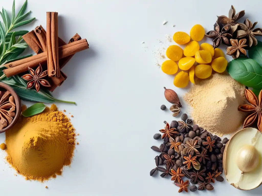 Esencias vibrantes: especias coloridas para deleitar los sentidos Potenciar sabor postres con especias: variedad de especias coloridas y detalladas en fondo blanco moderno