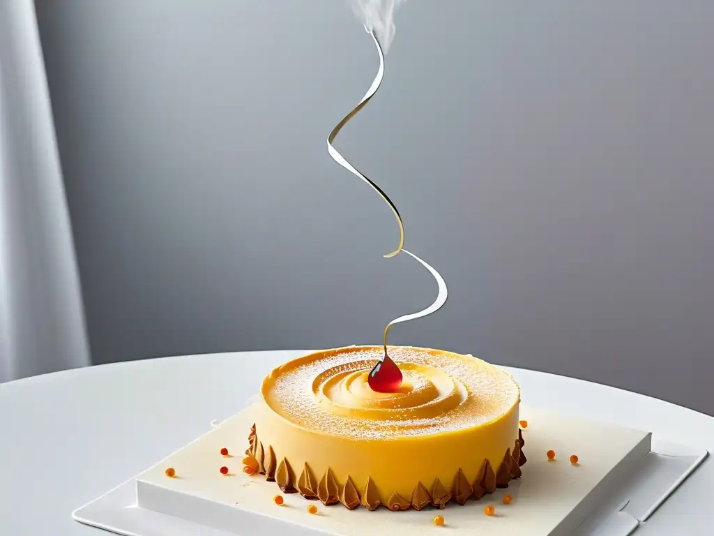 Potenciar sabor en postres con olfato: ilustración delicada de una molécula de aroma suspendida sobre exquisitos postres en una mesa elegante