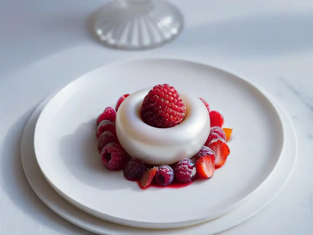 Exquisita perla de sferificación de frambuesa roja Perla de sabor para repostería: una frambuesa roja perfecta reposa sobre una elegante placa blanca