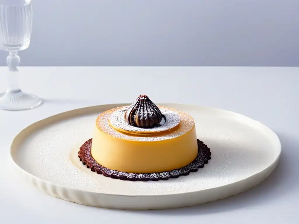 Sabores clásicos repostería reinterpretados: postre delicado y moderno en un plato minimalista, con capas intrincadas y presentación innovadora