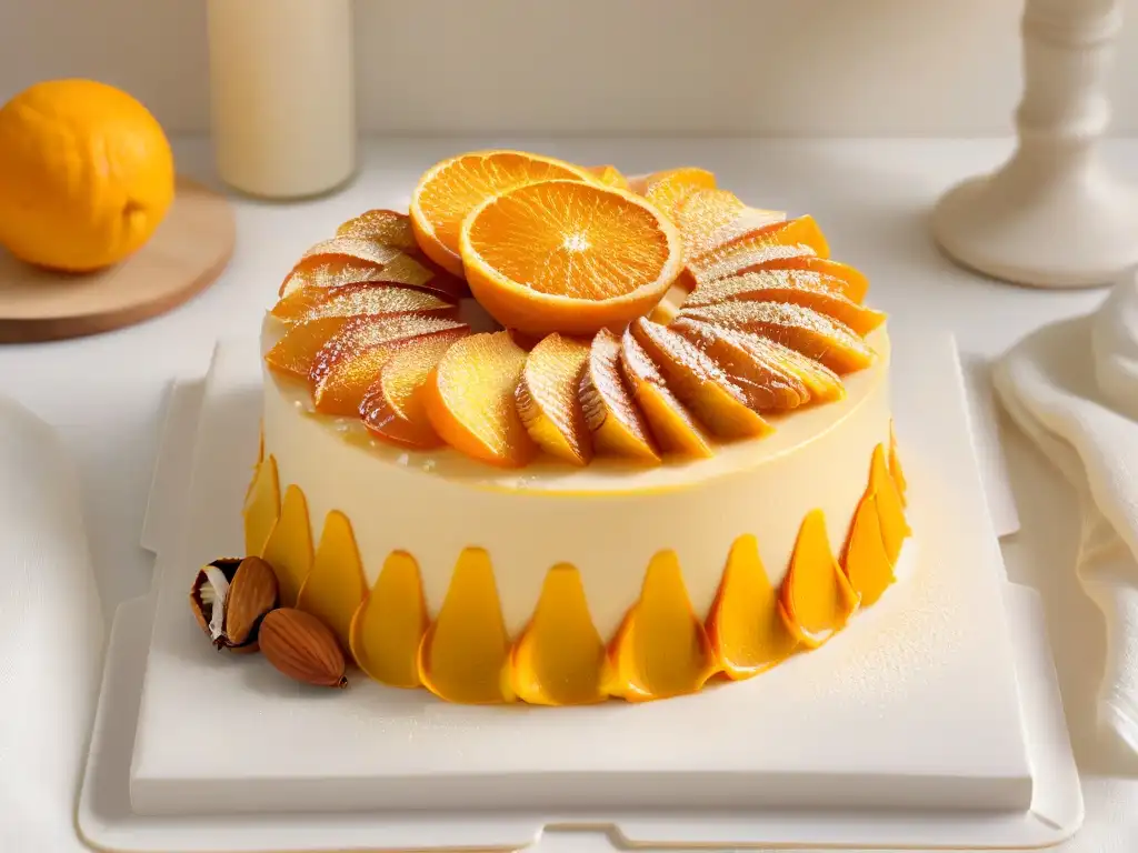 Sabroso bizcochuelo de naranja y almendras recién horneado en plato blanco