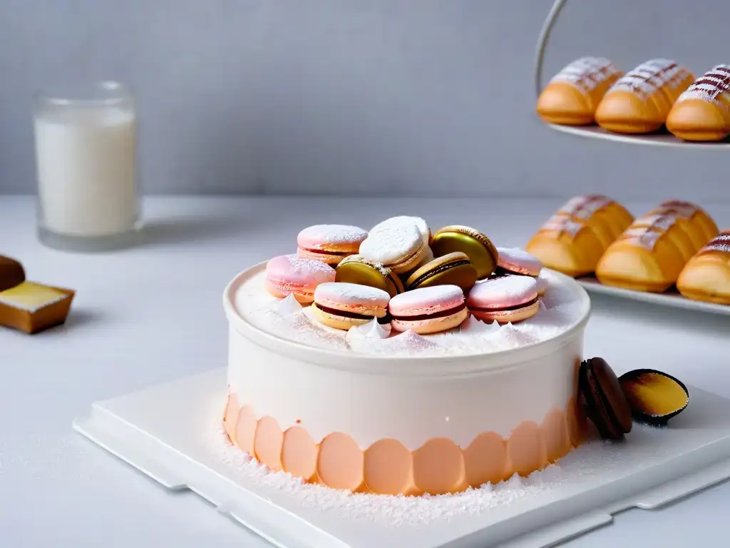 Sales exóticas en repostería: Cuenco de porcelana blanco con escamas de sal rosa del Himalaya y pastelería francesa elegante y difuminada