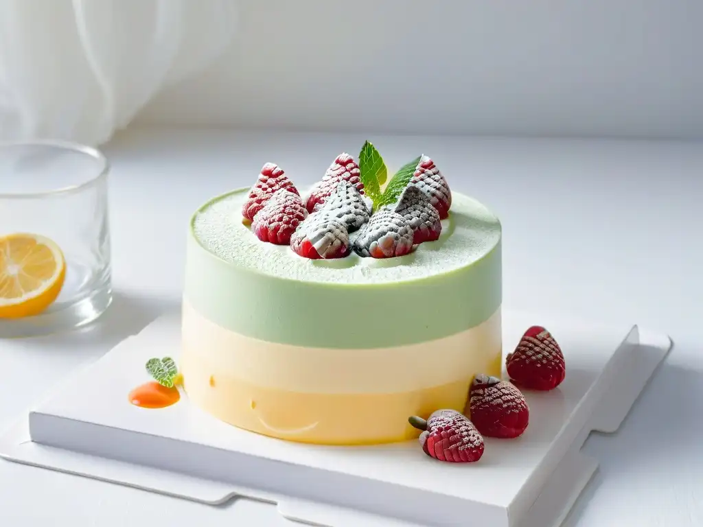 Bavarois saludables recetas fáciles: Delicioso postre en copa con mousse cremosa, frambuesas y menta fresca, iluminado por la ventana