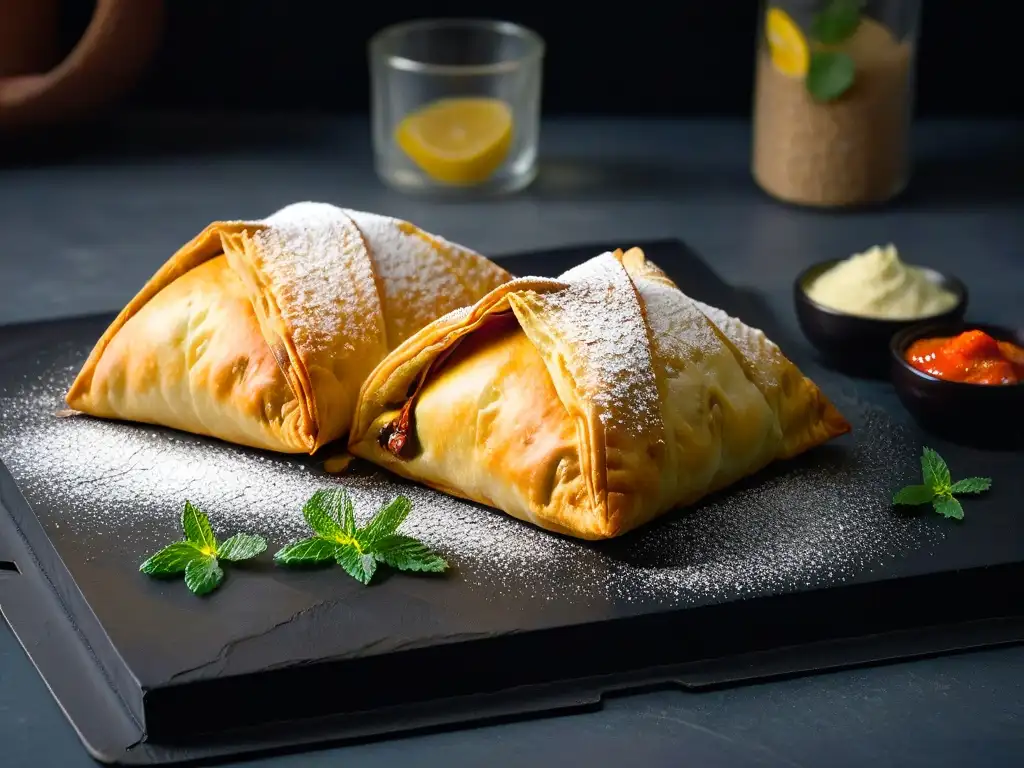 Samosa dulce dorada con frutas y especias, decorada con hoja de menta verde
