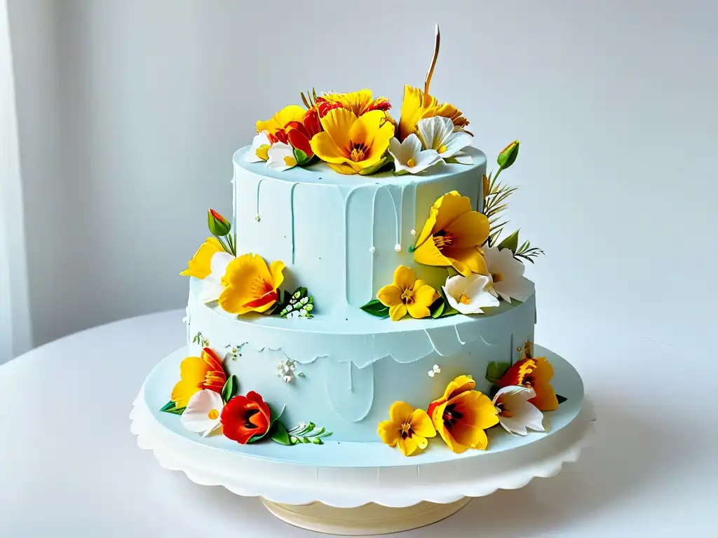 Participación satisfactoria en repostería: Una obra maestra de pastelería con decoraciones elaboradas y flores comestibles vibrantes