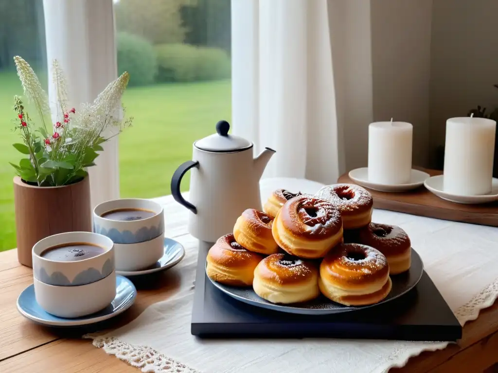 Disfruta de los secretos del fika sueco en esta acogedora mesa con café, bollos de canela y flores silvestres