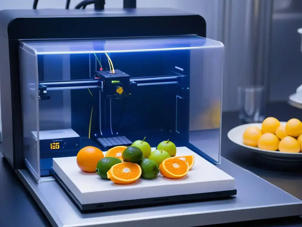 Innovación en seguridad alimentaria con impresión 3D de frutas, verduras y pasteles en un entorno futurista y estéril