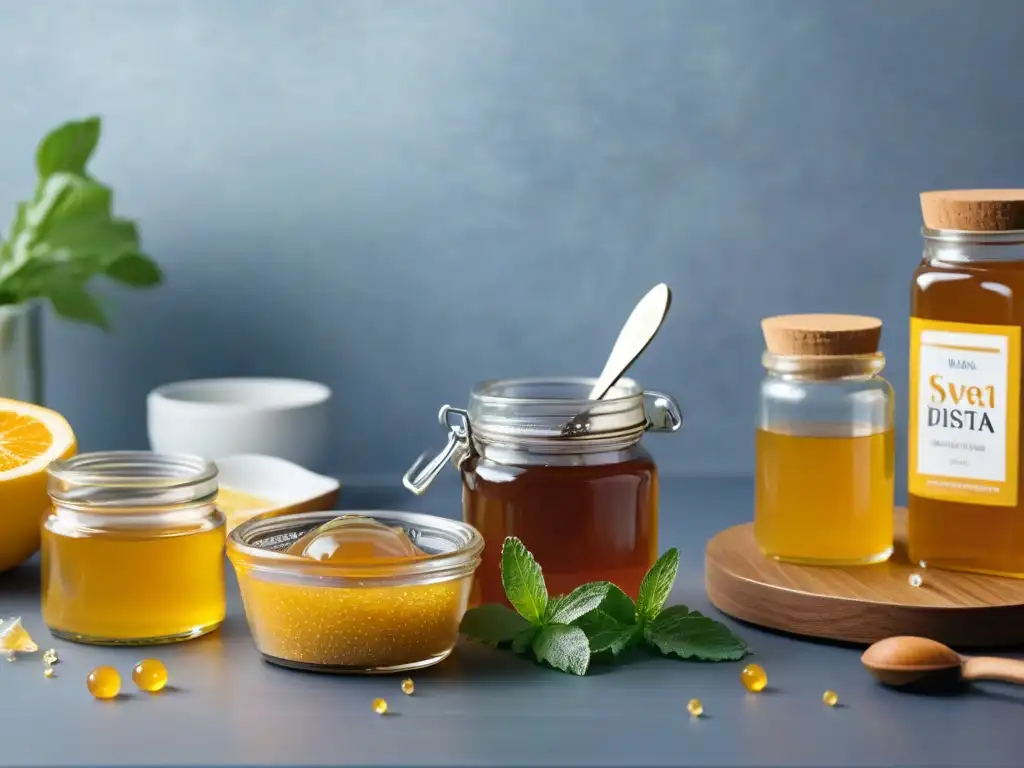 Dulzura natural para diabéticos: stevia, monk fruit y más Una selección elegante de endulzantes naturales para diabéticos seguros, bañados en luz natural en una encimera moderna