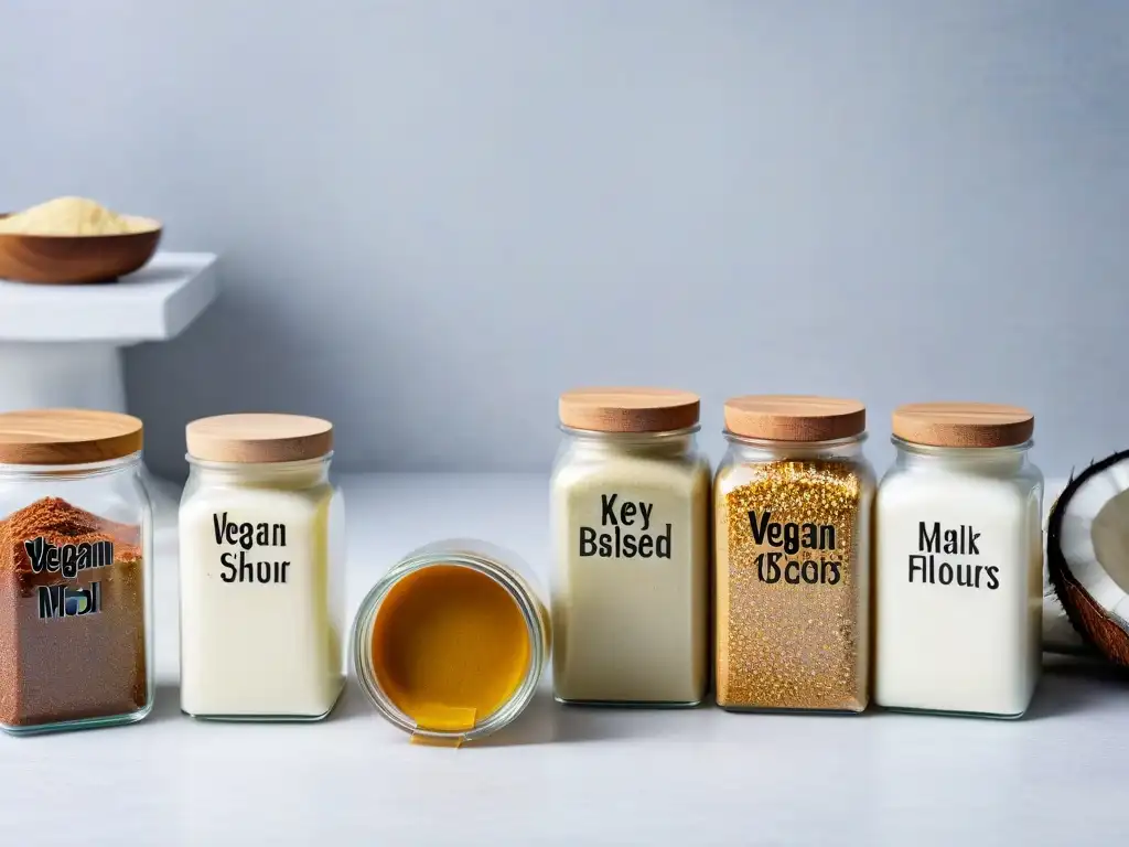 Ingredientes veganos premium en elegante composición Una selección elegante de ingredientes veganos para recetas de cremas y rellenos, dispuestos con precisión en un mostrador de mármol