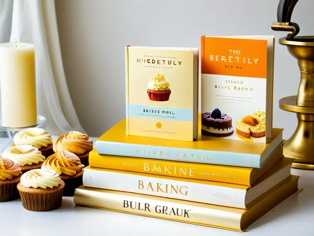 Selección elegante de libros repostería sin gluten deliciosos en fondo claro y aireado