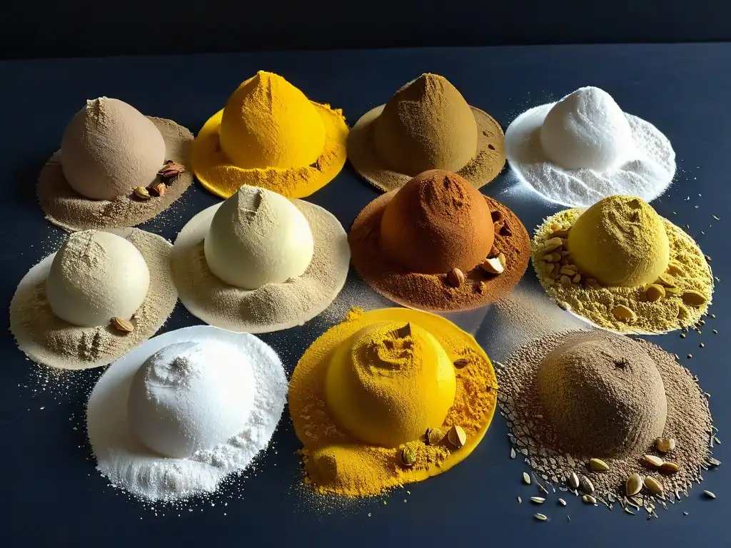 Selección de harinas bajas en carbohidratos en detalle Una selección exquisita de harinas bajas carbohidratos para repostería keto, meticulosamente dispuestas en una elegante superficie negra mate