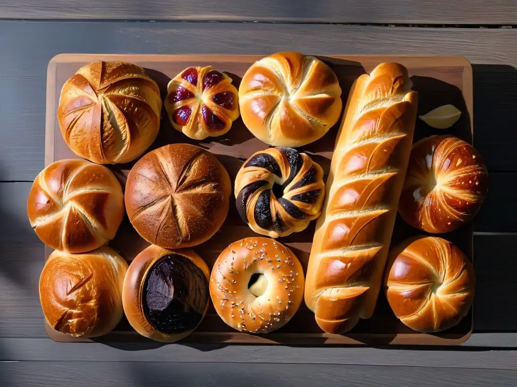 Una selección exquisita de panes y repostería recién horneados en una mesa rústica, iluminados por una luz suave