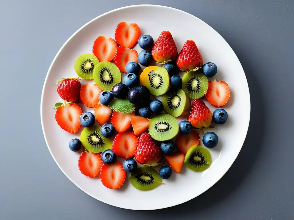 Selección fresca de frutas vibrantes en plato blanco: fresas, arándanos, kiwis y naranjas