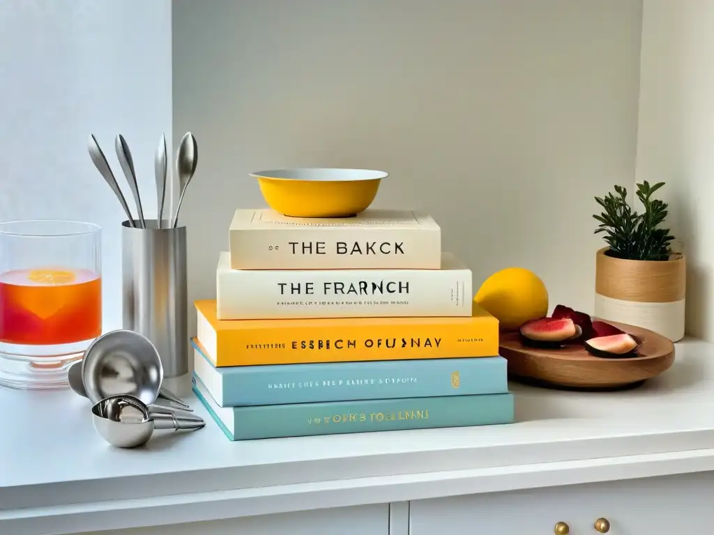 Una selección de libros de repostería imprescindibles en una cocina moderna y elegante, junto a utensilios coloridos