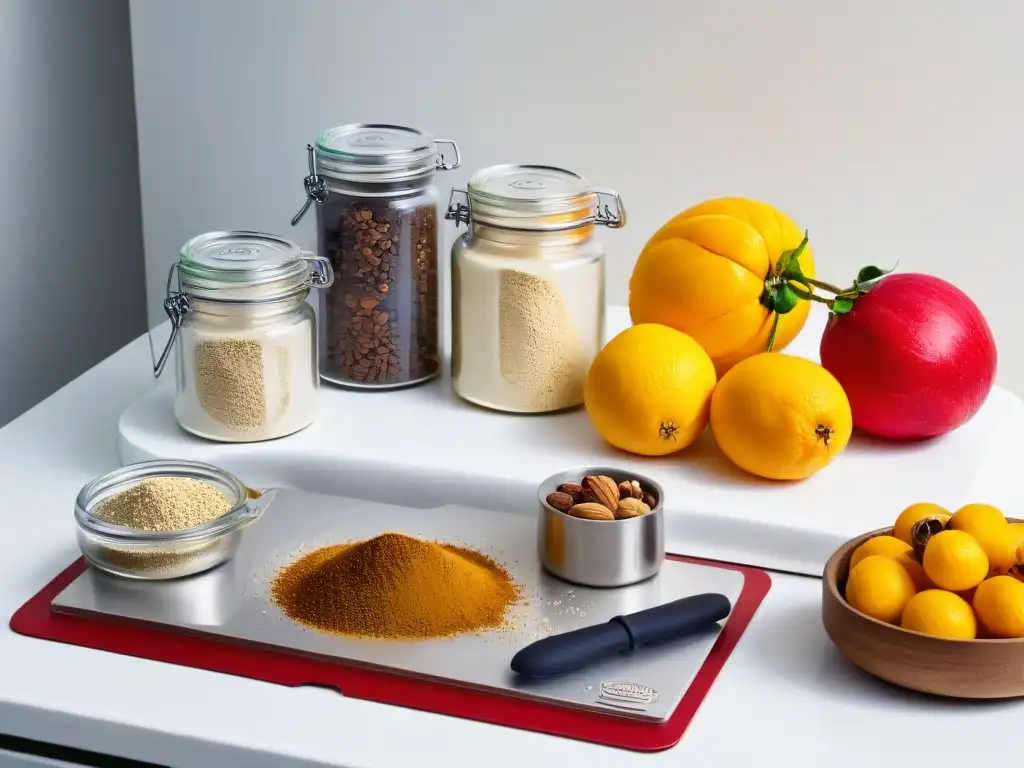 Una selección sostenible de utensilios y ingredientes para recetas de repostería zero waste, en un elegante mostrador