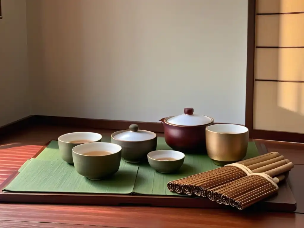 Un set de té japonés delicado sobre tatami con luz natural filtrando