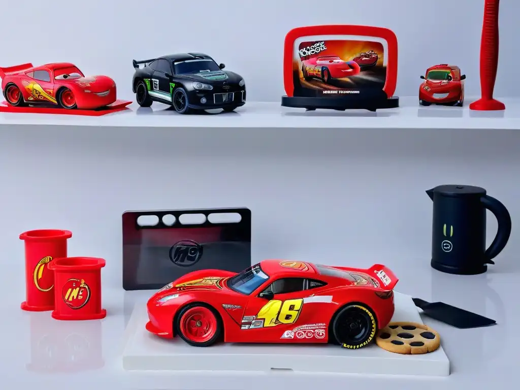 Un set de utensilios de repostería Cars divertidos en rojo y negro sobre encimera de mármol blanco, con forma de Rayo McQueen y Cruz Ramírez