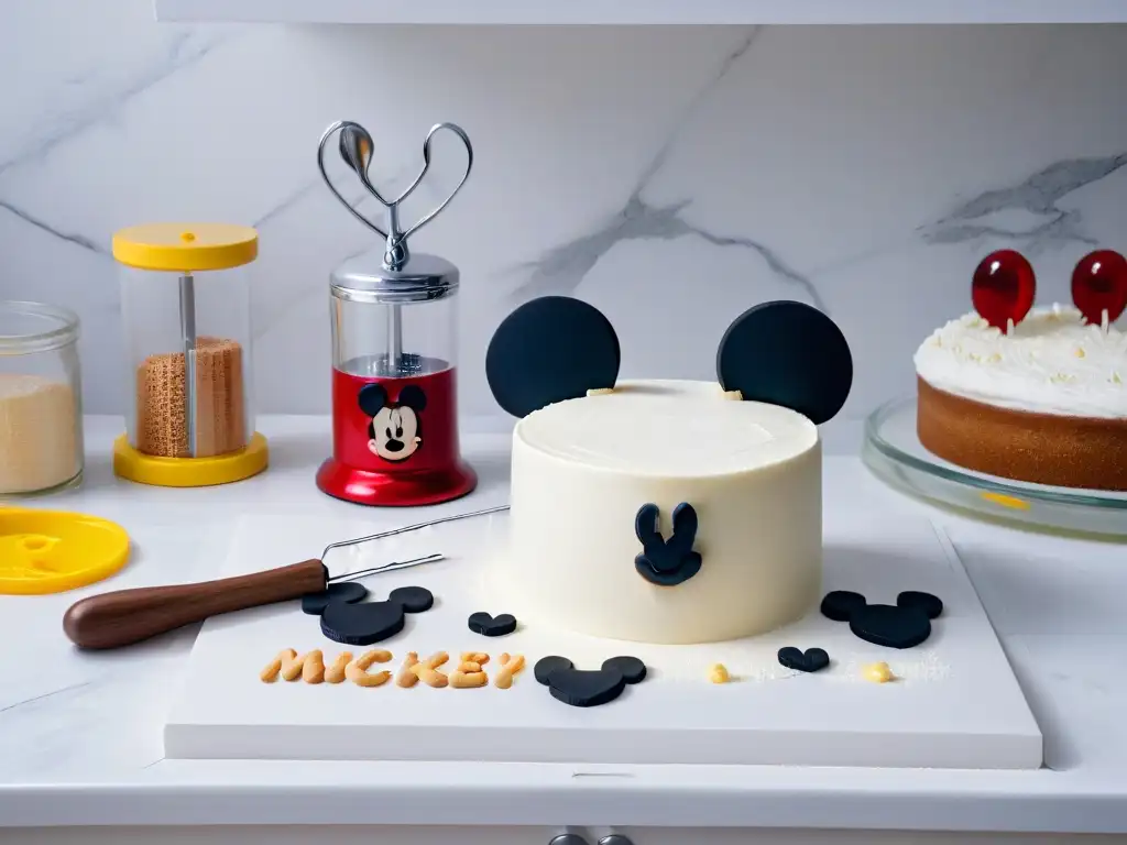Set de cocina con temática de Mickey Mouse en mármol blanco Un set de utensilios de repostería temáticos de Mickey Mouse en una encimera de mármol blanco