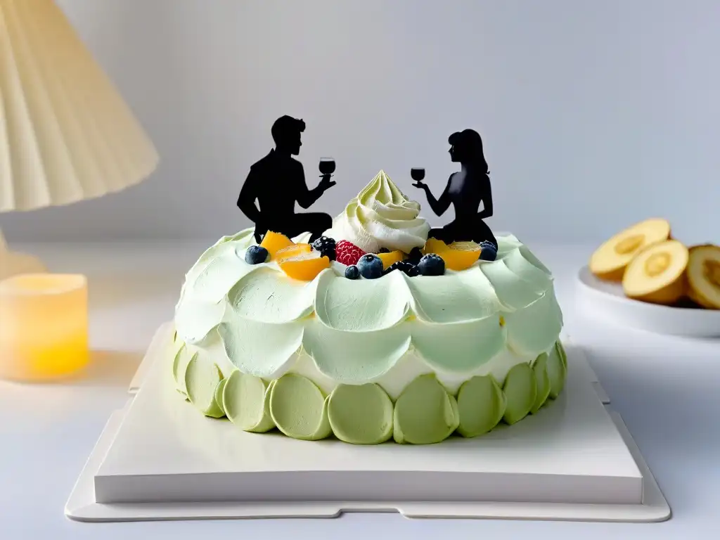 Dos siluetas de Australia y Nueva Zelanda unidas por un postre, simbolizando la historia de la creación de Pavlova