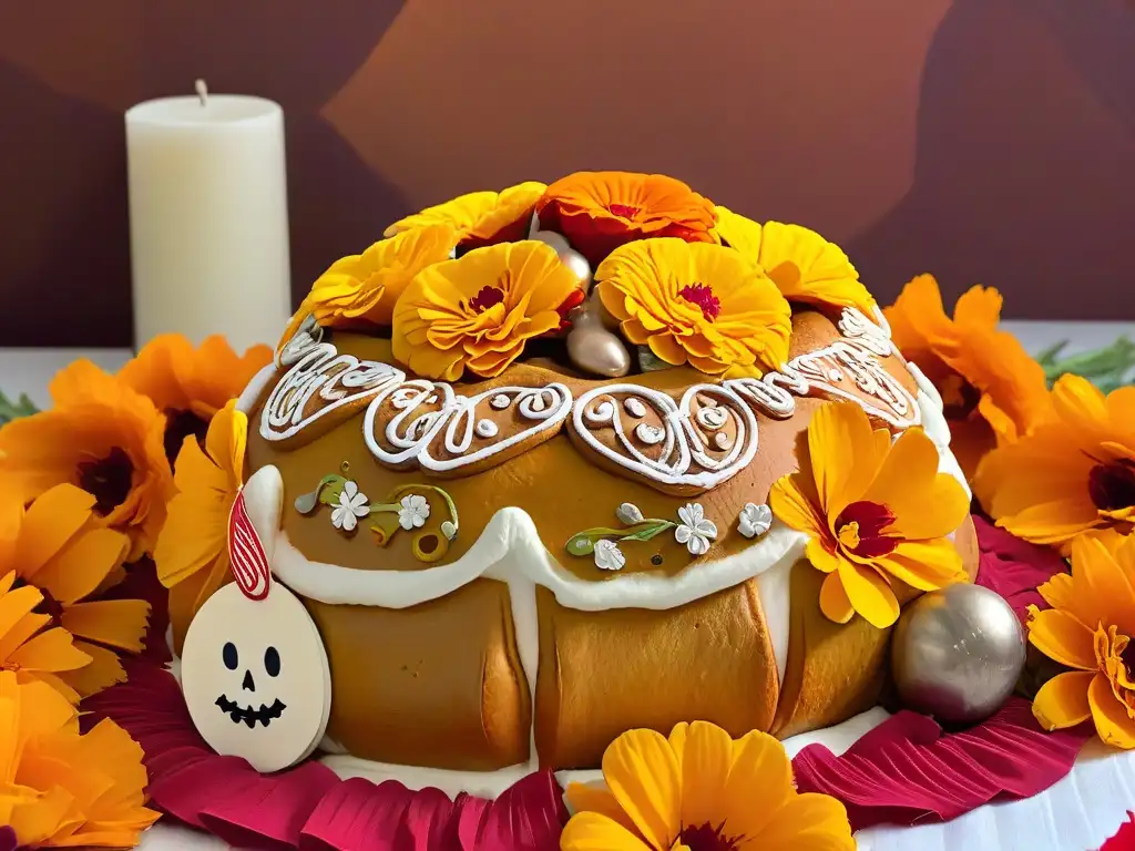 Un símbolo de tradición: un pan de muerto en un lecho de cempasúchil, representando el significado del pan de muerto en el Día de los Muertos