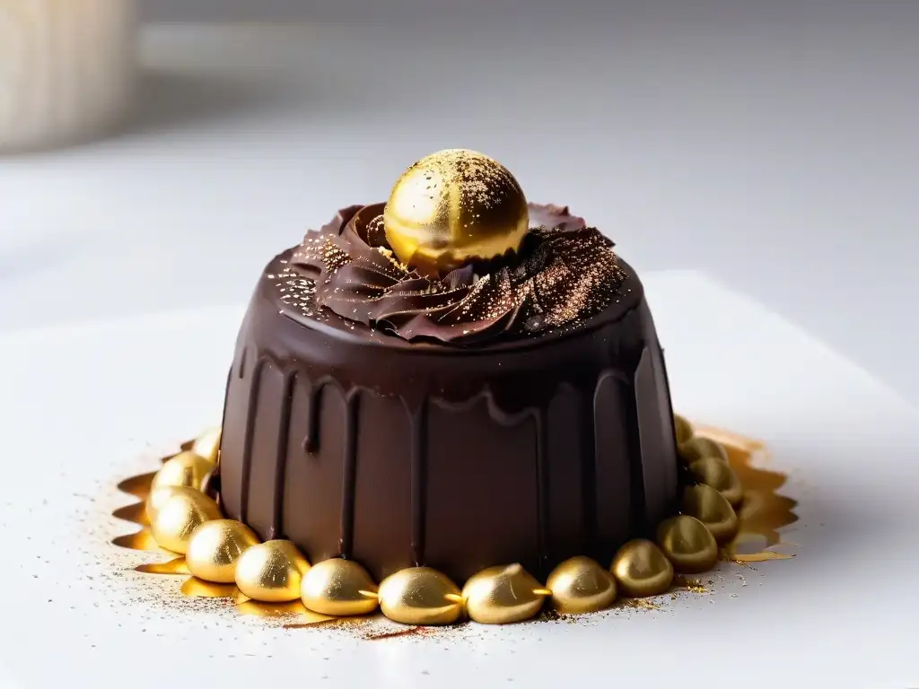 Sinestesia en repostería: un exquisito trufa de chocolate decorada con polvo dorado comestible, en un fondo blanco