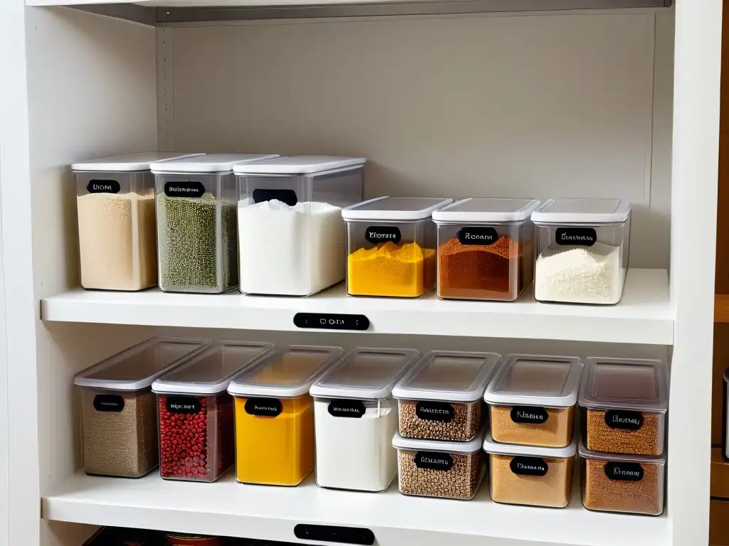 Un sistema de organización de despensa ultramoderno y minimalista para almacenamiento de ingredientes de repostería