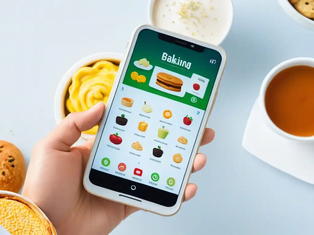 Apps de repostería sostenible en smartphone moderno Un smartphone moderno muestra apps de repostería sostenible con ingredientes eco en un diseño vibrante y minimalista