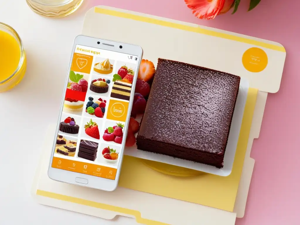 Un smartphone moderno muestra recetas de repostería para intolerancias alimentarias en una pantalla vibrante y detallada