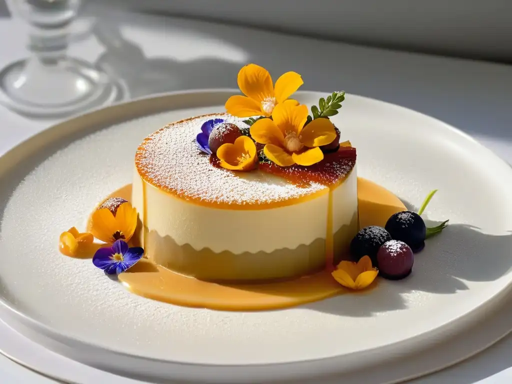 Delicia fusionada: postre artístico que combina tradición y modernidad Una sofisticada fusión de postre tradicional y moderno en un plato minimalista