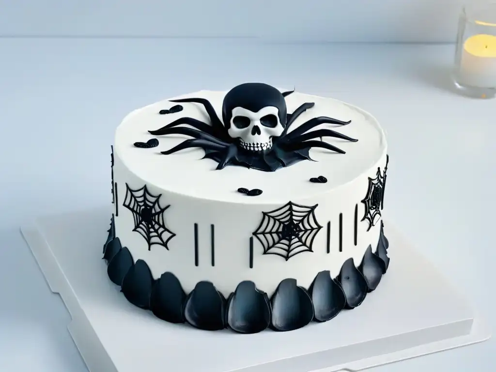 Una sofisticada torta en blanco y negro con diseños de telaraña y calaveras de azúcar, ideal para celebraciones