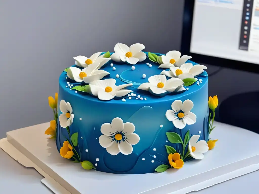 Software que anima recetas: Detalle de una torta fondant decorada en pantalla de computadora, cobrando vida con movimientos sutiles