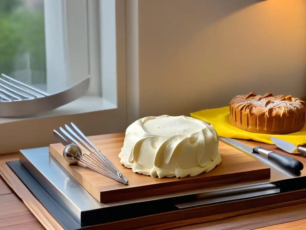 Un sombrero de chef blanco reposa sobre una tabla de repostería rodeado de utensilios de cocina