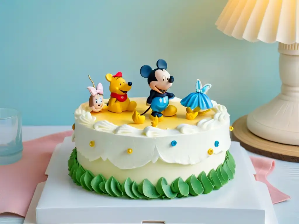 Exquisito soporte para pasteles con personajes Disney en un mágico diseño Un soporte para pasteles con diseño detallado de personajes Disney sobre fondo pastel con destellos, mostrando la magia de Disney en la cocina