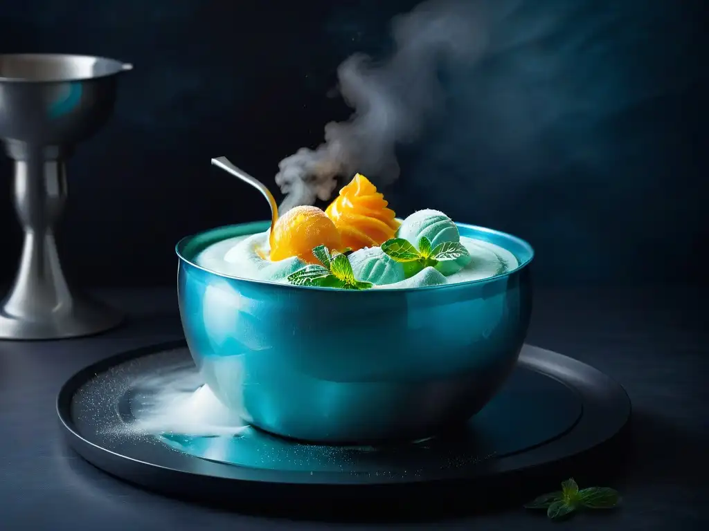 Sorbet de nitrógeno: frescura y elegancia en un cuenco de acero Un sorbete vibrante de nitrógeno líquido en un bol de acero inoxidable, decorado con menta y miel