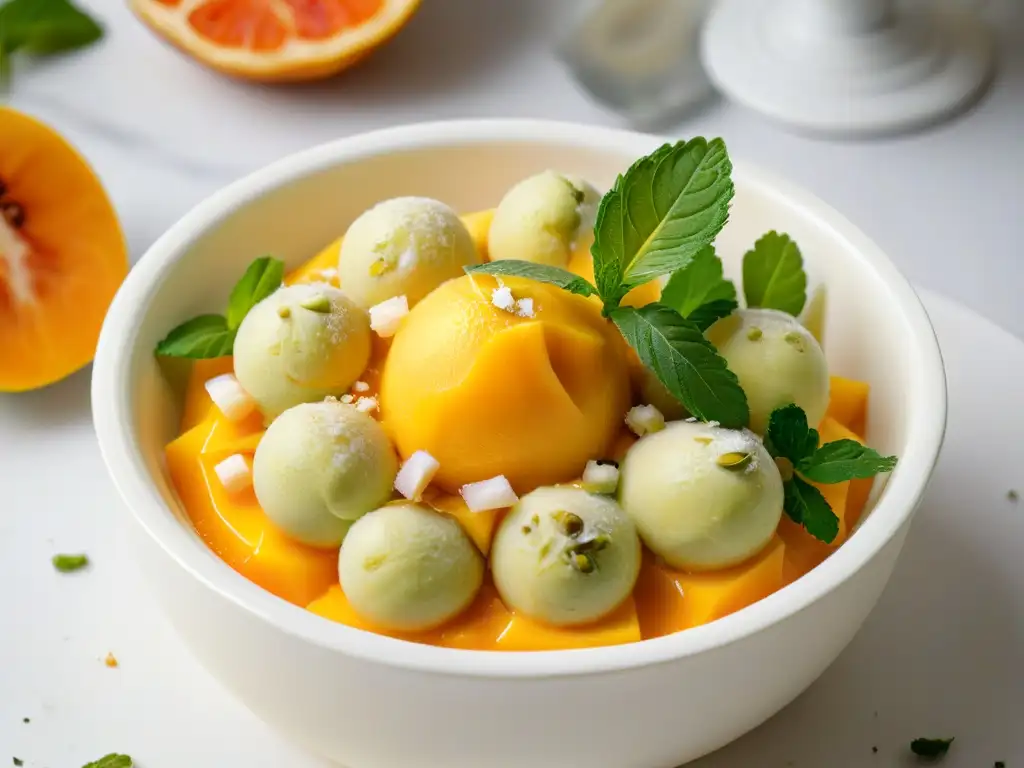 Sorprendente sorbete vegano de mango con pistachos y menta en un elegante cuenco blanco